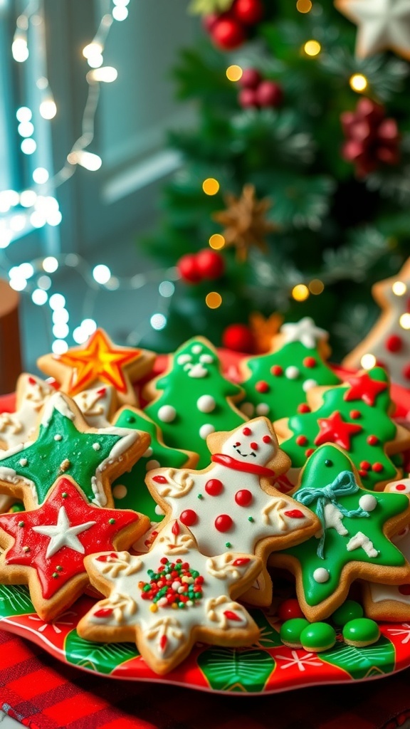 Decorated Christmas sugar cookies in festive shapes on a holiday platter with fairy lights in the background.